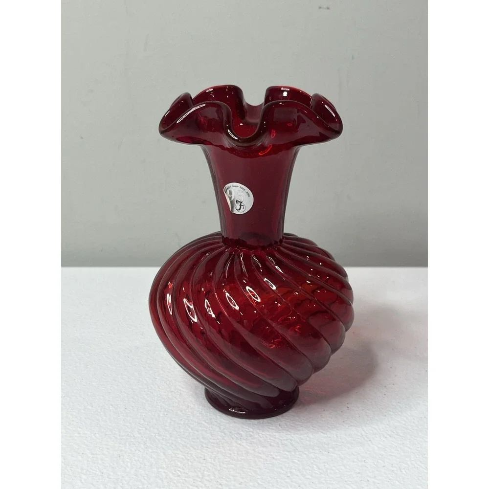 Fenton 95th Anniversary Ruby Red Vase‎ Swirl Vtg